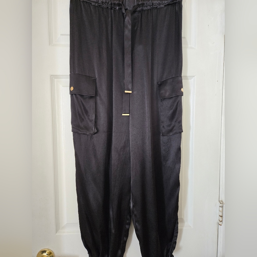 Rachel Zoe Black Satin Cargo pans with Gold Accents